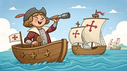 Young Explorer in a Small Boat Spots Caravels on the Horizon