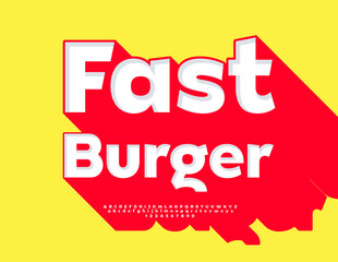 Vector Promo poster Fast Burger. Artistic Font with Red Big Shadow. White 3D set of Bright Alphabet Letters and Numbers