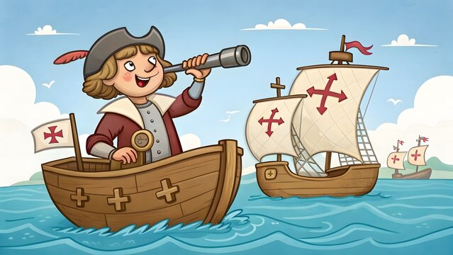 Young Explorer in a Small Boat Spots Caravels on the Horizon