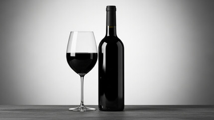 A bottle and glass of red wine in a studio setting png