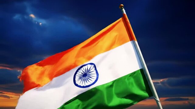 Waving Indian flag featuring saffron white  green colors against cloudy blue  orange sky backdrop