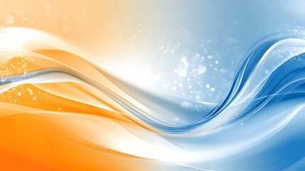 Abstract waves flow from orange to blue with scattered glowing bokeh spheres