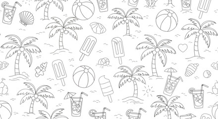 Summer themed line art pattern with palm trees drinks ice cream and beach balls.