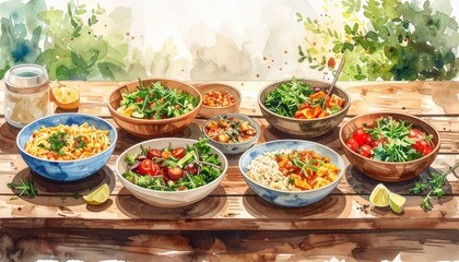 Fototapeta premium Zero Waste Dining Watercolor Concept. Colorful bowls of fresh salads on a rustic wooden table.