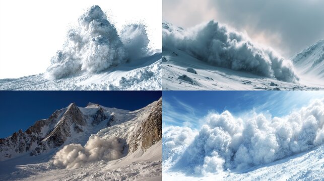 A quadriptych shows four images one isolated, three of mountains, all depicting dynamic snow avalanches