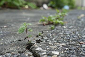 Close up of a resilient plant emerging from a crack in an asphalt road, symbolizing the power of nature