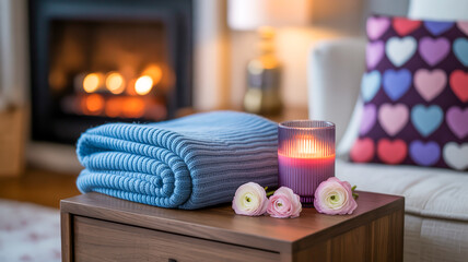 A cozy winter scene featuring a ribbed blue knit blanket draped over a dark surface.