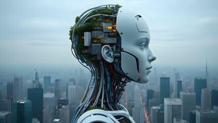 Photo of a robot head with plants and city elements embodies artificial intelligence