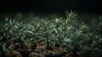 A field of young rosemary plants growing in soil under dim lighting in a nursery environment