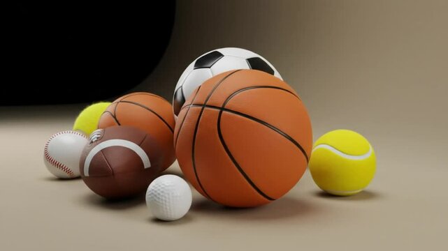 A collection of sports equipment including balls for various sports on a beige surface