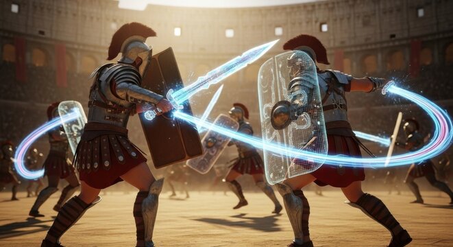 Epic Gladiator Combat Arena Showdown With Intense Sword Fights and Dramatic Special Effects - Powered by Adobe