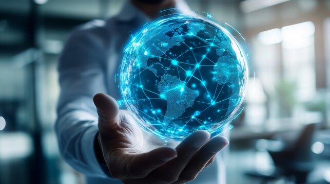 A person holds a glowing digital globe with interconnected nodes, symbolizing global connectivity and technology.