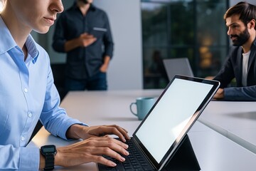Focused professional woman typing on tablet with colleagues collaborating in a modern office environment during a collaborative work session.