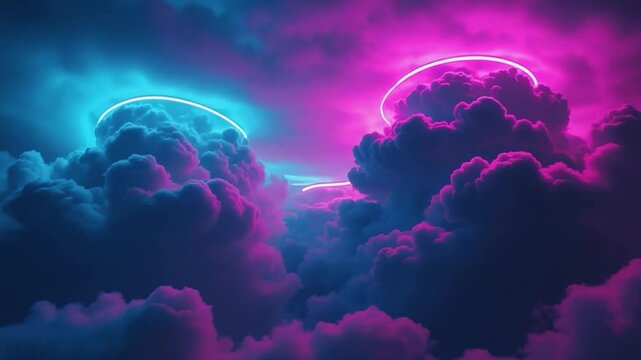 Neon cloudscapes.  A vibrant, night-sky scene with thick clouds illuminated by vibrant neon blue and pink light, creating a surreal and artistic atmosphere