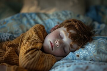 Peaceful redhead child enjoys a cozy naptime slumber, dreaming sweet dreams in their comfortable bed