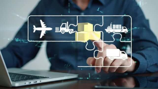 Supply Chain Management Logistics Puzzle with Plane, Forklift, Ship, Truck Icons. Global Distribution Network Concept.