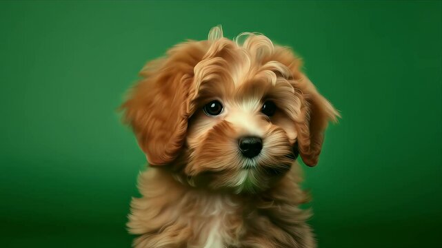 Adorable brown puppy with fluffy fur on a green backdrop