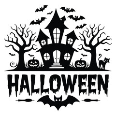 Spooky haunted house with hanging pumpkins and bat vector silhouette