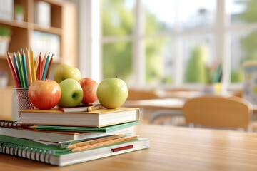 Modern classroom background with stationery essentials, books and supplies ready for the first day of school. Back to school composition with colorful stationery on a desk in front of a chalkboard. 