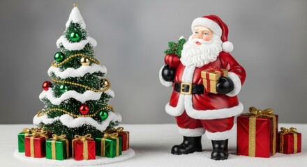 Charming Festive Christmas Scene with Santa Claus a Decorated Tree and Gift Boxes
