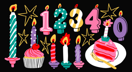 Burning number shaped Candles, spiral candles, cake, cupcake, stars. Hand drawn modern Vector illustration. Isolated design elements. Birthday celebration, party, anniversary concept