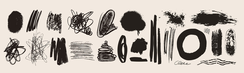 Ink, pencil pen, paint, crayon brush strokes. Grunge texture set. Different shapes, curly chaotic spiral strokes. Abstract doodle style. Hand drawn modern Vector illustration. Isolated design elements