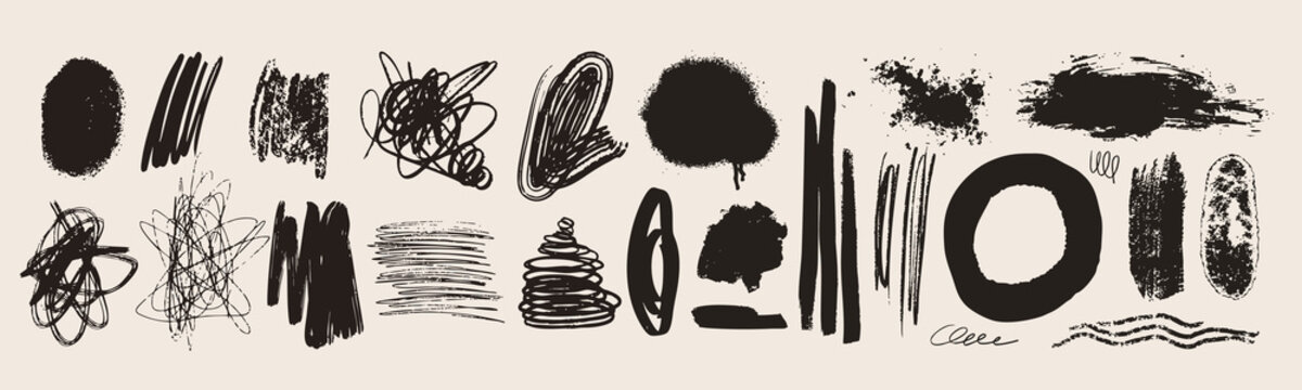 Ink, pencil pen, paint, crayon brush strokes. Grunge texture set. Different shapes, curly chaotic spiral strokes. Abstract doodle style. Hand drawn modern Vector illustration. Isolated design elements
