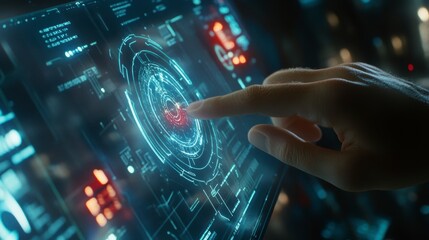 Close-up of a hand interacting with a futuristic digital interface, showing technological advancement and innovation.