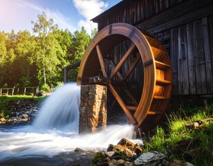 Wooden watermill by a rushing stream