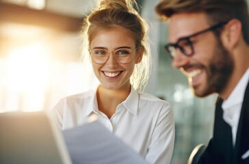 Obraz premium Happy young business team collaborating on a project in a modern office setting with laptop