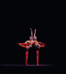 A Graceful Duo Performing a Traditional Art with Elaborate and Colorful Costumes