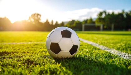 Soccer ball on grassy field at sunset