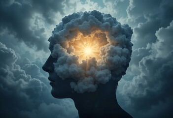 A silhouette of a head with turbulent clouds and a bright light symbolizing inner turmoil and anxiety.