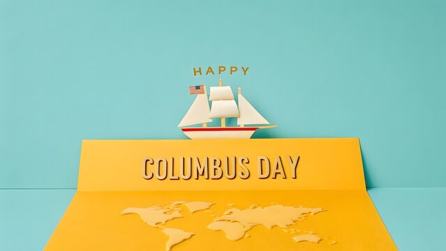 Happy Columbus Day: A Festive Minimalist Design Featuring a Ship and World Map
