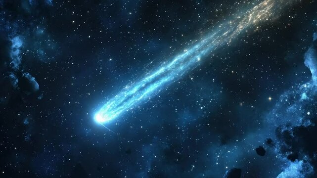 Bright comet streaks across a vast, starry expanse of deep space