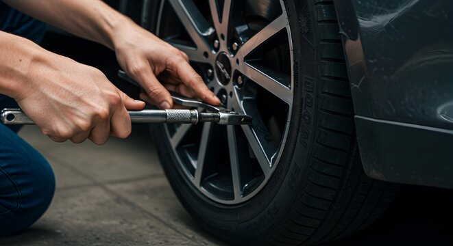 Close-Up of Hands Using a Wrench to Repair a Tire on a Vehicle in a Modern Garage Setting