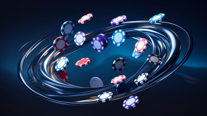 Dynamic poker chips spin through the air set against a moody casino-inspired backdrop, Vivid swirl of colorful poker chips creates motion and excitement on a dramatic dark abstract background.