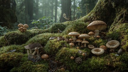 Obraz premium A forest floor covered in moss and mushrooms of various sizes and shapes in natural light setting