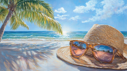 Beach vacation painting with palm tree ocean waves sunglasses and straw hat summer holiday travel destination