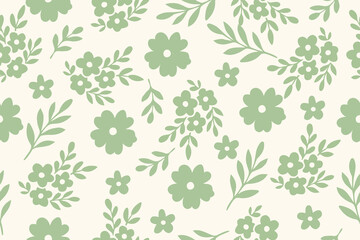 Soft green floral pattern on cream background with delicate leaves and simple blossoms. Ideal for fabric, wrapping paper, stationery, and interior decor.