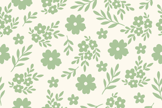 Soft green floral pattern on cream background with delicate leaves and simple blossoms. Ideal for fabric, wrapping paper, stationery, and interior decor.
