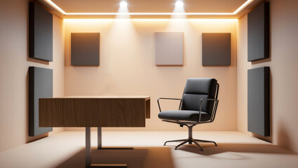 Modern and sleek podcast studio with mocha mousse color interior perfect for contemporary media production and broadcasting, Stylish interview setup featuring warm mocha tones and minimalist design.