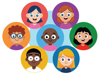 Group of diverse smiling cartoon faces in colorful circles on a white background