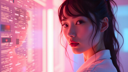 Young Asian woman looks over her shoulder, standing near a large screen displaying data, illuminated by pink and blue lights.