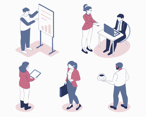 Fototapeta premium Isometric business people presenting and working with computers and coffee on white background