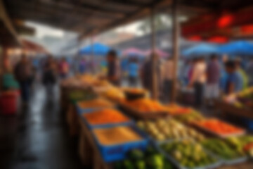 Obraz premium blurry traditional market, showing the busy market atmosphere of buyers and traders in the morning, blurry wallpaper.