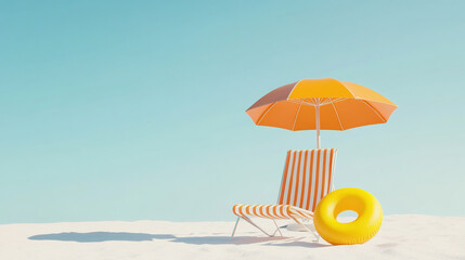 Beach summer vacation concept with chair umbrella and inflatable ring for travel background