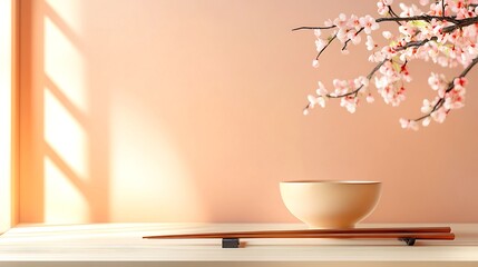 Bowl and chopsticks rest beneath the blossoming pink cherry branches against a peach colored backdrop