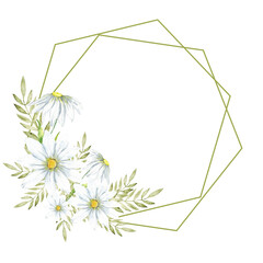 Floral green frame with daisies for spring design and decoration. Template for first communion, baptism, wedding, birthday greeting cards, invitation, save the date. Copy space