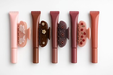 Elegant Flat Lay of Colorful Lip Gloss Tubes and Hair Clips on White Background in Modern Feminine Beauty Product Display
